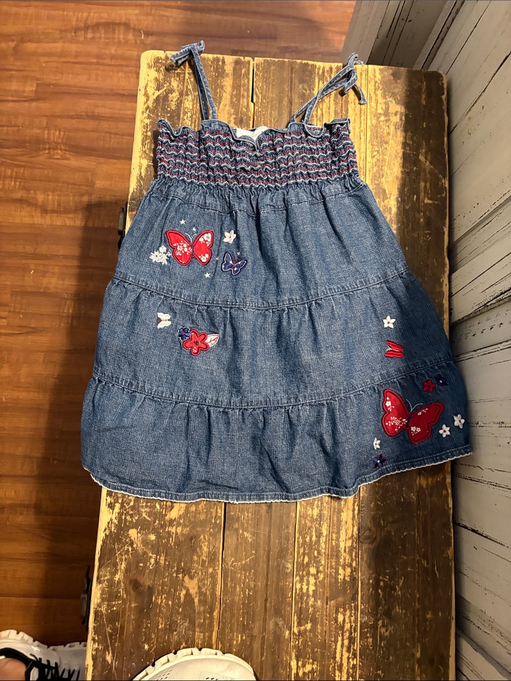 Wonderkids Blue Denim Butterfly Tiered Sundress with Red Accents